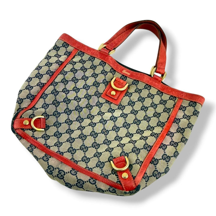 Gucci Abbey GG Beige/Red Canvas D - Ring Tote Handbag - Lux Central