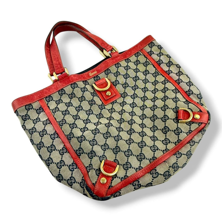 Gucci Abbey GG Beige/Red Canvas D - Ring Tote Handbag - Lux Central