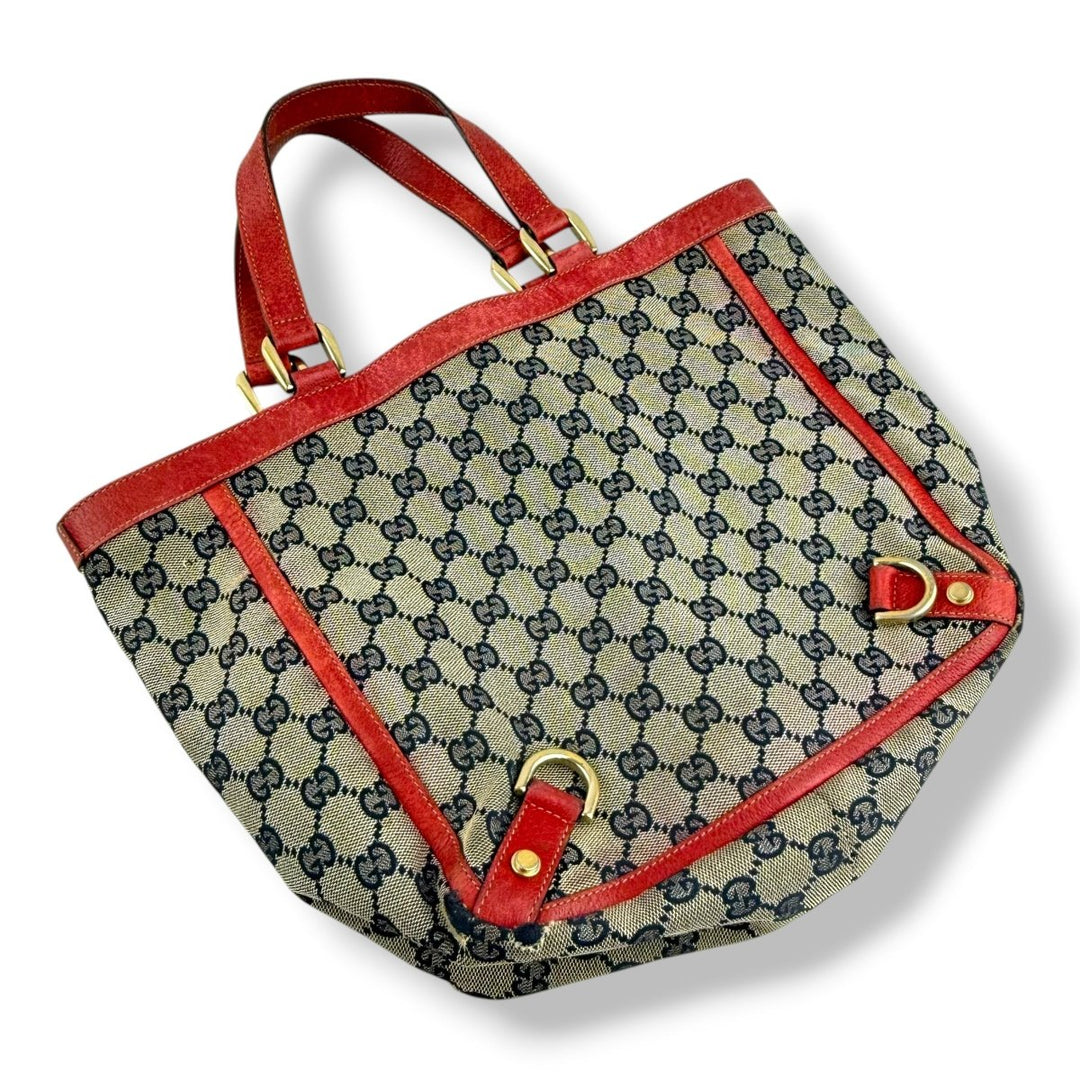 Gucci Abbey GG Beige/Red Canvas D - Ring Tote Handbag - Lux Central
