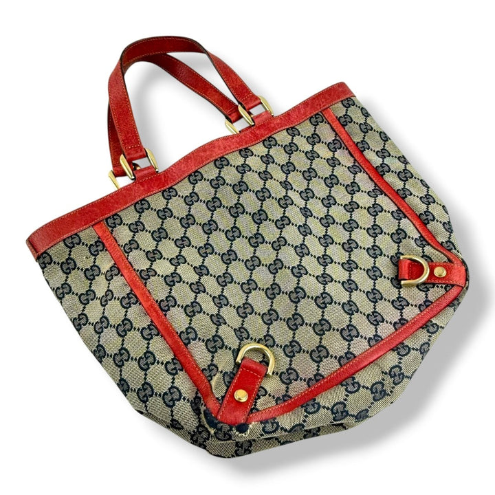 Gucci Abbey GG Beige/Red Canvas D - Ring Tote Handbag - Lux Central