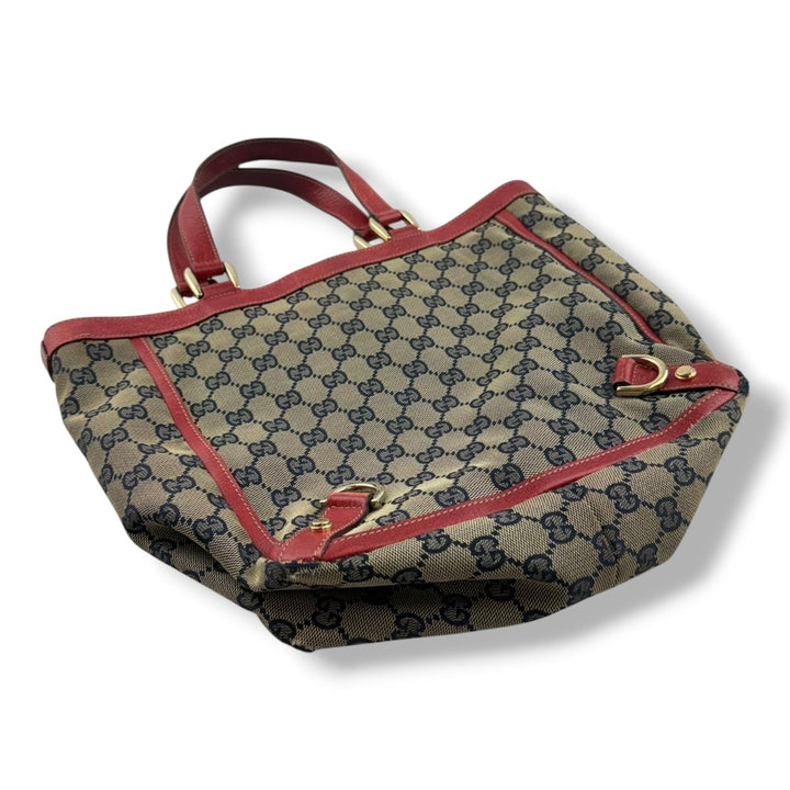 Gucci Abbey GG Beige/Red Canvas D - Ring Tote Handbag - Lux Central