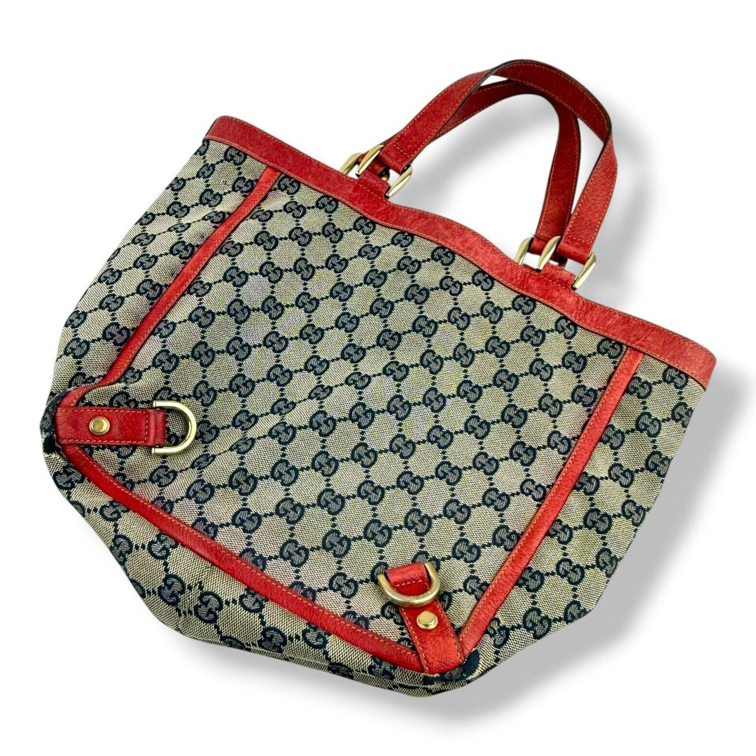 Gucci Abbey GG Beige/Red Canvas D - Ring Tote Handbag - Lux Central