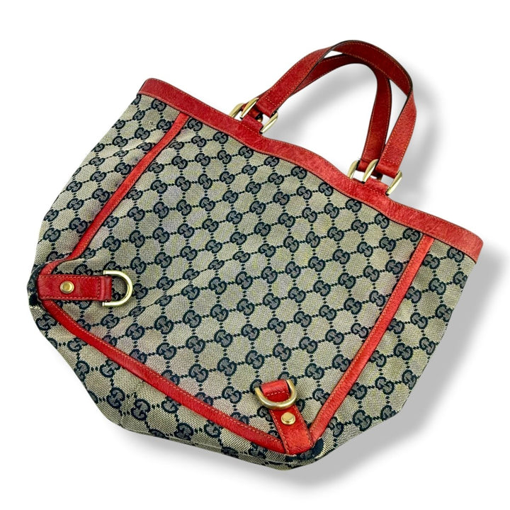 Gucci Abbey GG Beige/Red Canvas D - Ring Tote Handbag - Lux Central
