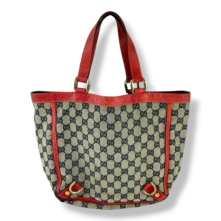 Gucci Abbey GG Beige/Red Canvas D - Ring Tote Handbag - Lux Central