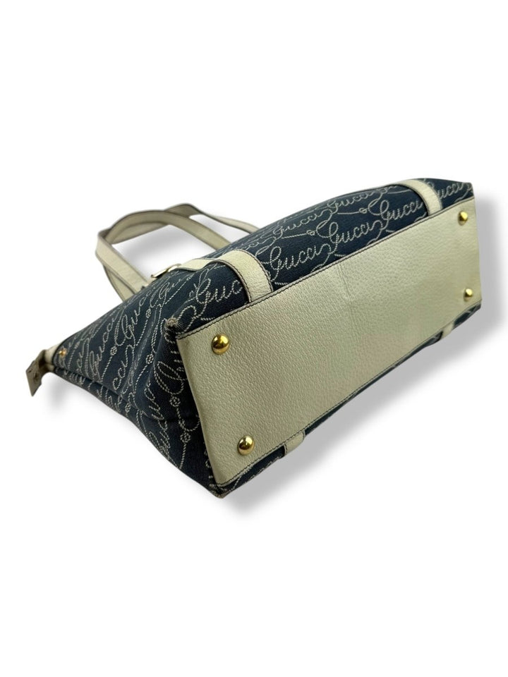Gucci Abbey GG Navy/Cream Canvas D - Ring Tote Handbag - Lux Central