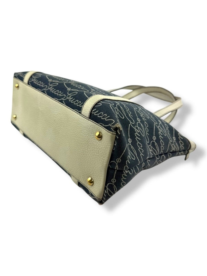 Gucci Abbey GG Navy/Cream Canvas D - Ring Tote Handbag - Lux Central