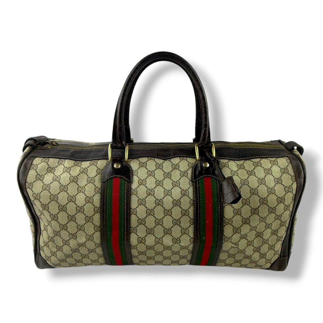 Gucci Beige GG Monogram Weekender Duffle Boston Canvas Bag - Lux Central