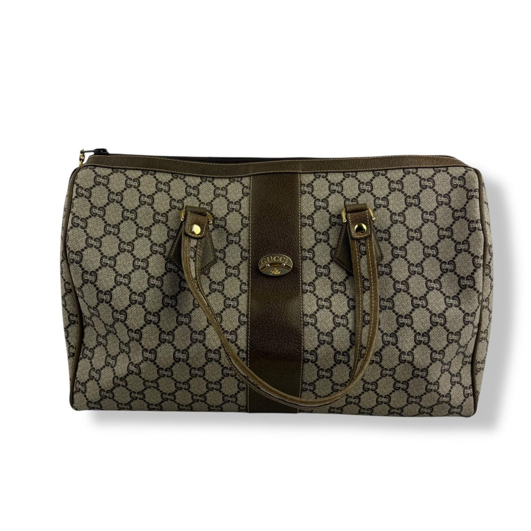 Gucci Beige Plus GG Monogram Weekender Duffle Boston Canvas Bag - Lux Central