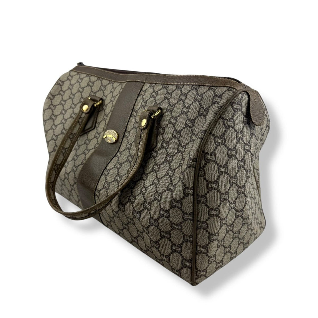 Gucci Beige Plus GG Monogram Weekender Duffle Boston Canvas Bag - Lux Central