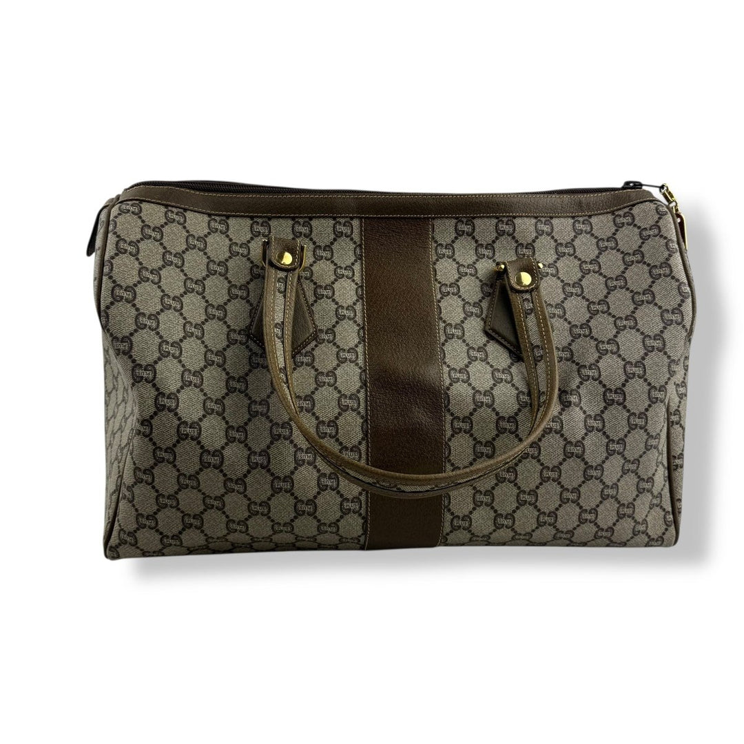 Gucci Beige Plus GG Monogram Weekender Duffle Boston Canvas Bag - Lux Central