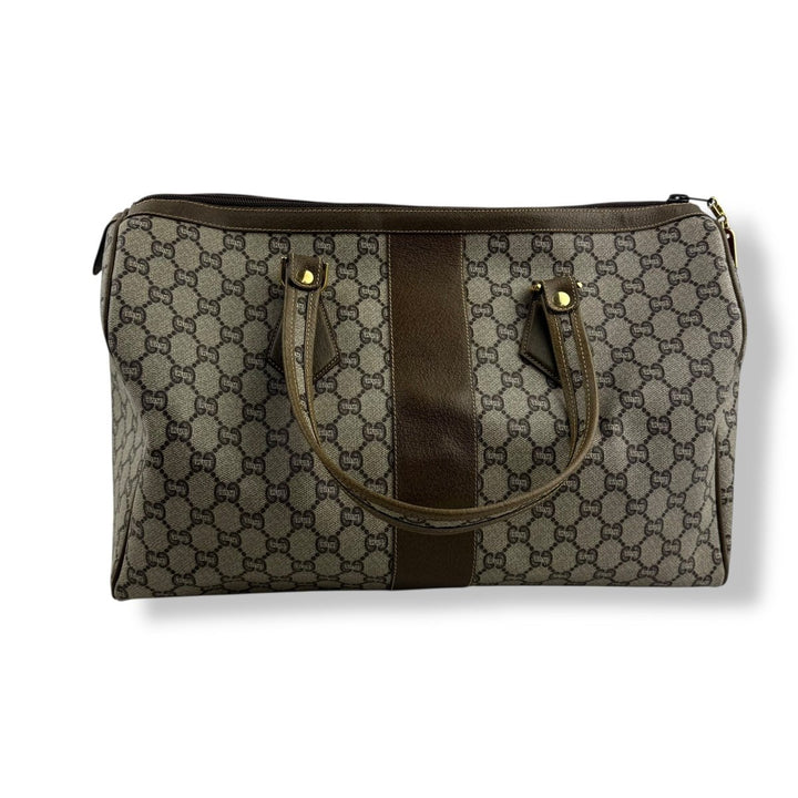 Gucci Beige Plus GG Monogram Weekender Duffle Boston Canvas Bag - Lux Central