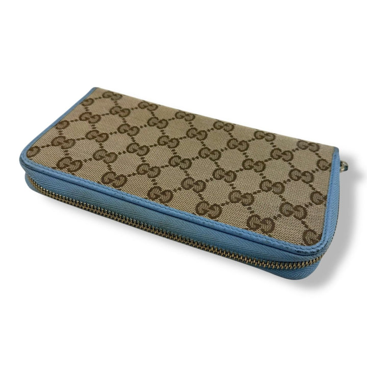 Gucci Beige/Blue Canvas Zip Around Wallet - Lux Central