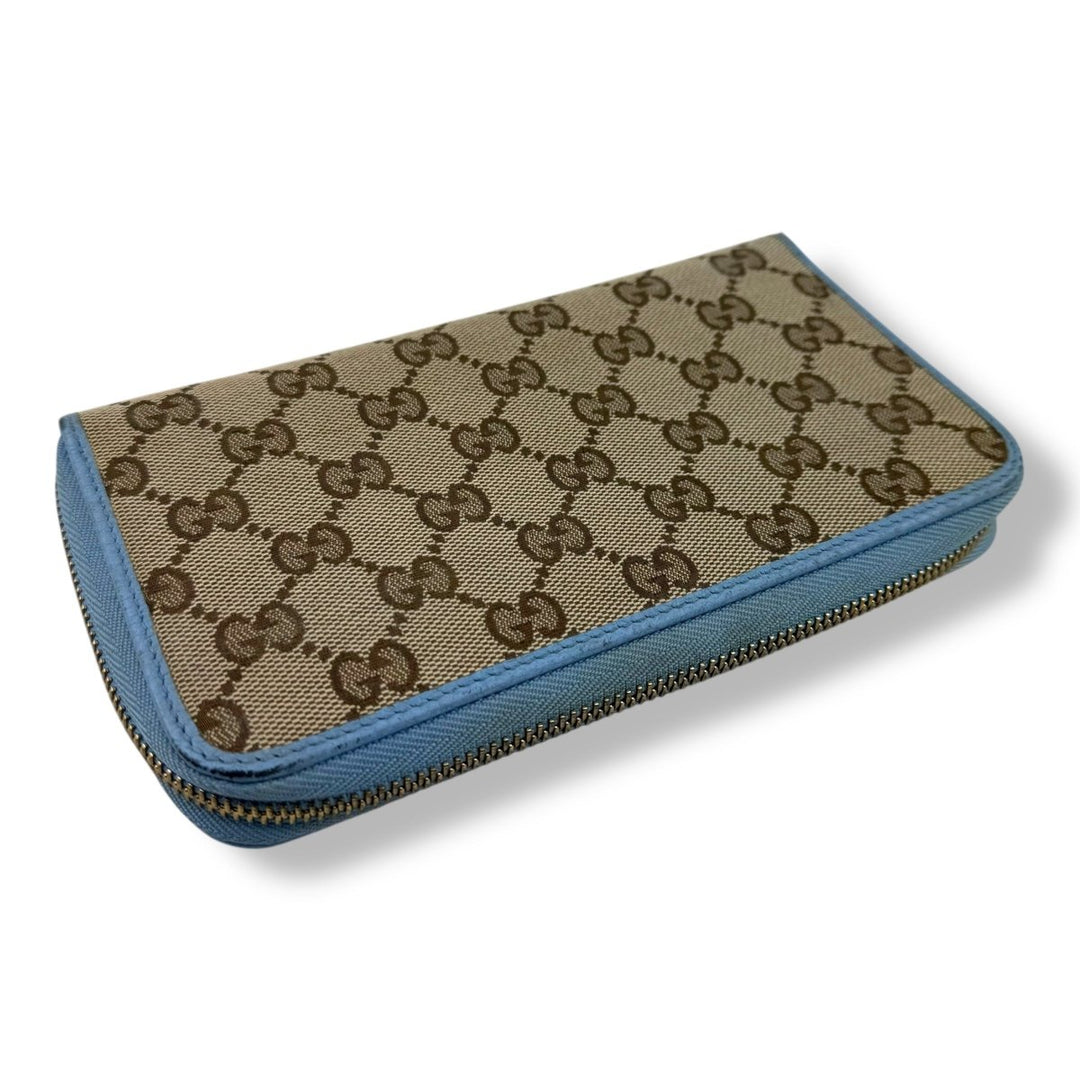 Gucci Beige/Blue Canvas Zip Around Wallet - Lux Central