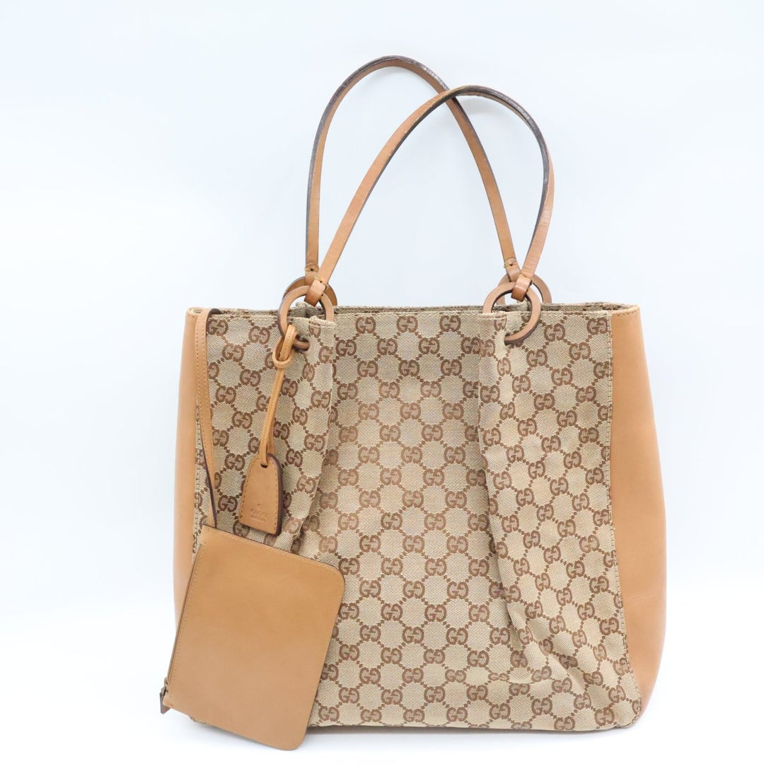 Gucci GG Beige Monogram Tote Handbag W/ Pouch - Lux Central