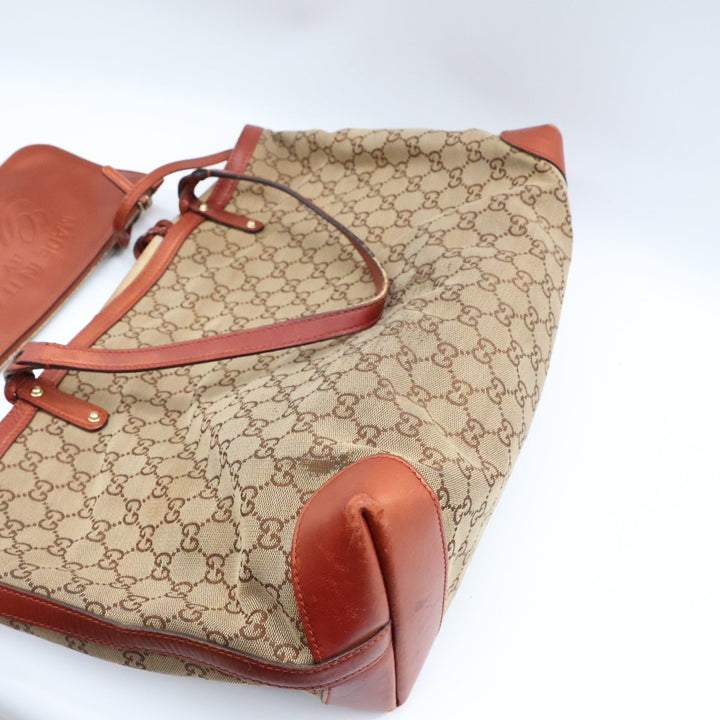Gucci GG Beige/Gold Monogram Tote Handbag W/ Pouch - Lux Central