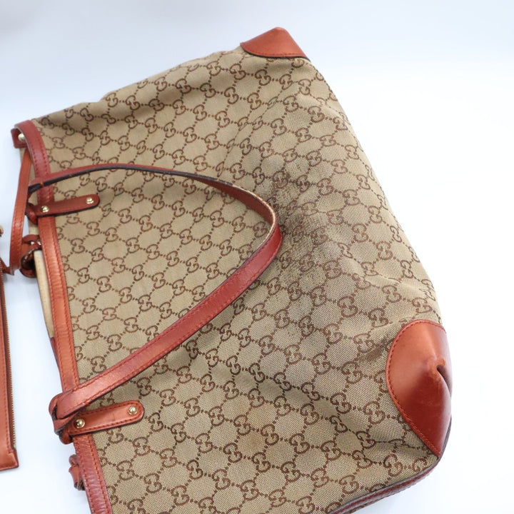 Gucci GG Beige/Gold Monogram Tote Handbag W/ Pouch - Lux Central