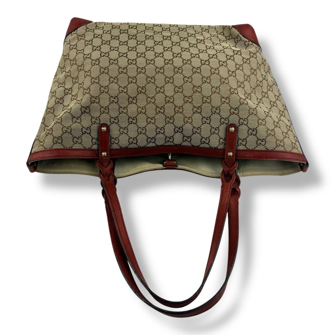 Gucci GG Beige/Gold Monogram Tote Handbag W/ Pouch - Lux Central