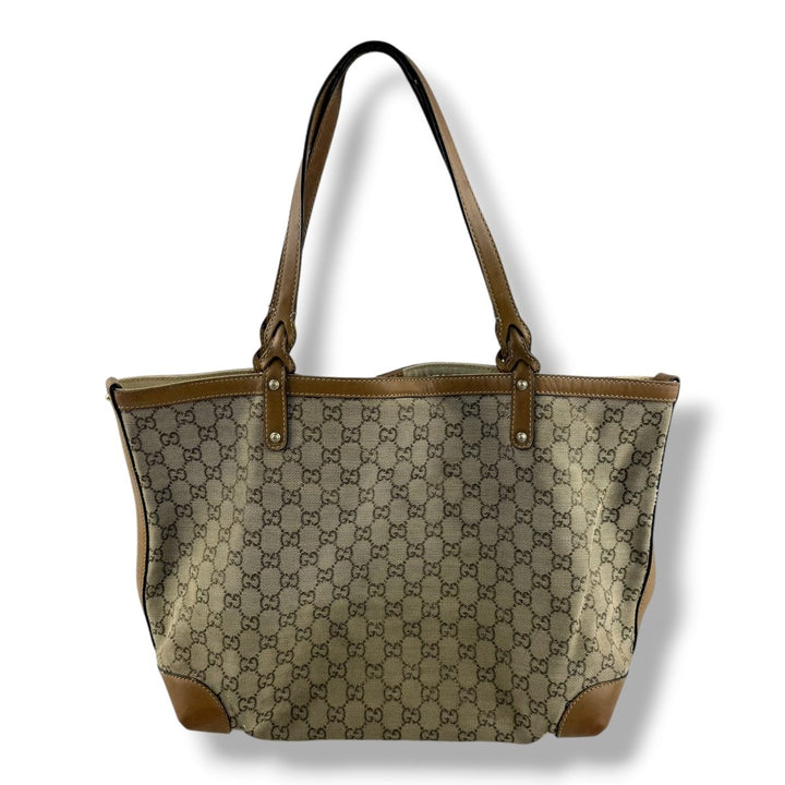 Gucci GG Beige/Gold Monogram Tote Handbag W/ Pouch - Lux Central