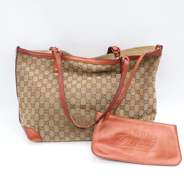 Gucci GG Beige/Gold Monogram Tote Handbag W/ Pouch - Lux Central