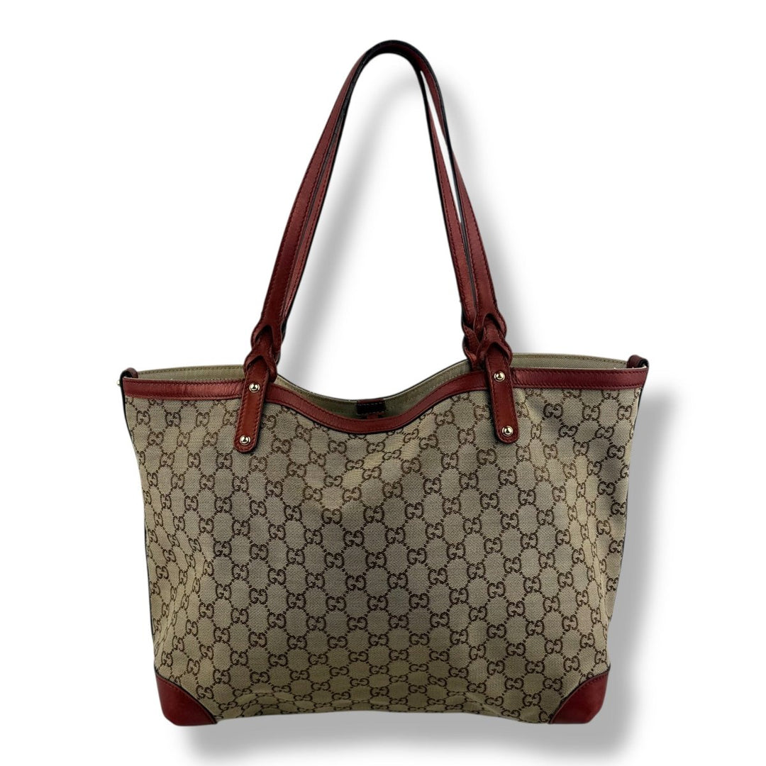 Gucci GG Beige/Gold Monogram Tote Handbag W/ Pouch - Lux Central