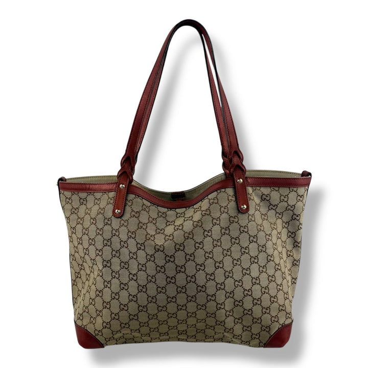Gucci GG Beige/Gold Monogram Tote Handbag W/ Pouch - Lux Central