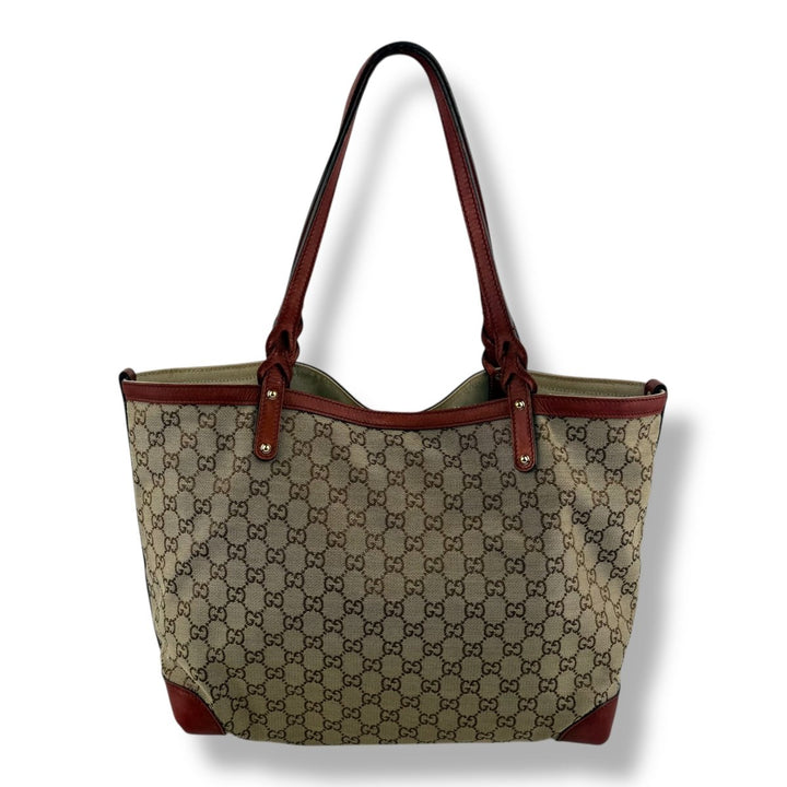 Gucci GG Beige/Gold Monogram Tote Handbag W/ Pouch - Lux Central