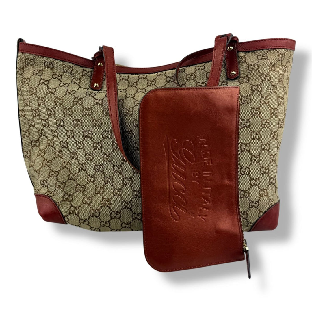 Gucci GG Beige/Gold Monogram Tote Handbag W/ Pouch - Lux Central