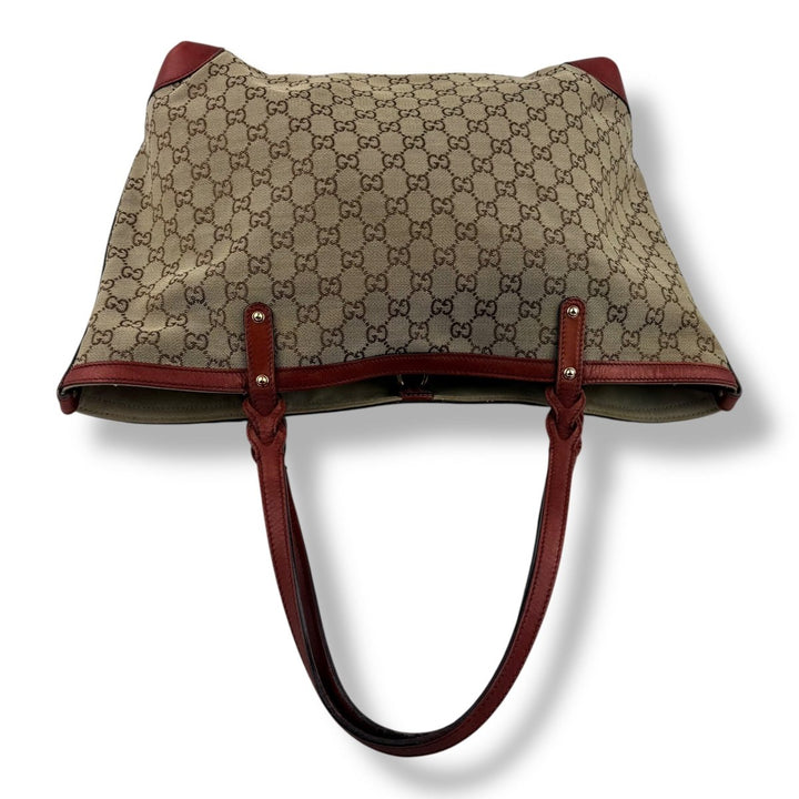 Gucci GG Beige/Gold Monogram Tote Handbag W/ Pouch - Lux Central