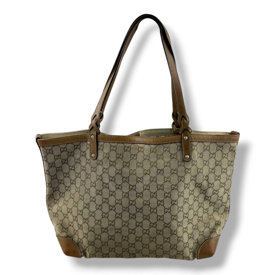 Gucci GG Beige/Gold Monogram Tote Handbag W/ Pouch - Lux Central