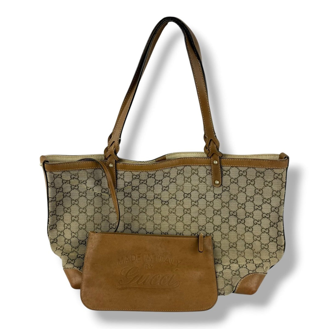 Gucci GG Beige/Gold Monogram Tote Handbag W/ Pouch - Lux Central