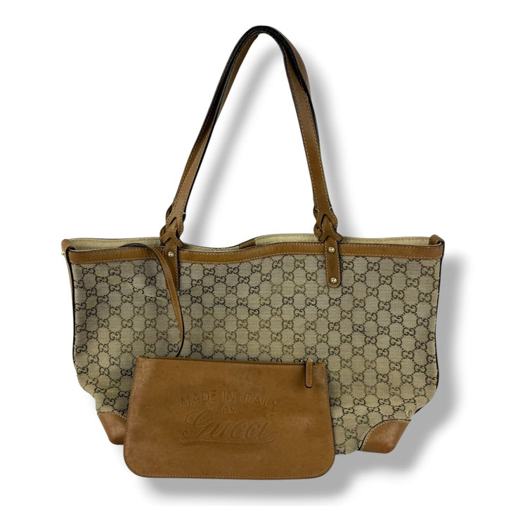 Gucci GG Beige/Gold Monogram Tote Handbag W/ Pouch - Lux Central