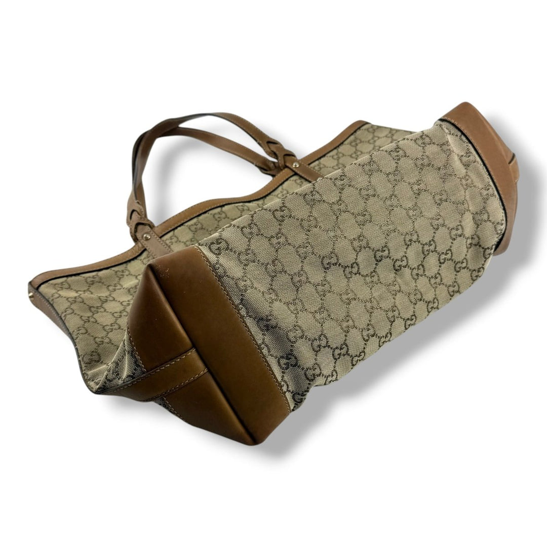 Gucci GG Beige/Gold Monogram Tote Handbag W/ Pouch - Lux Central
