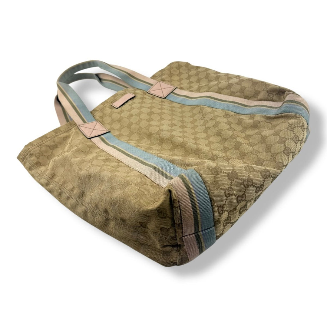 Gucci GG Canvas Monogram Web Tote Beige Blue Pink Sherry Line Web Handbag - Lux Central