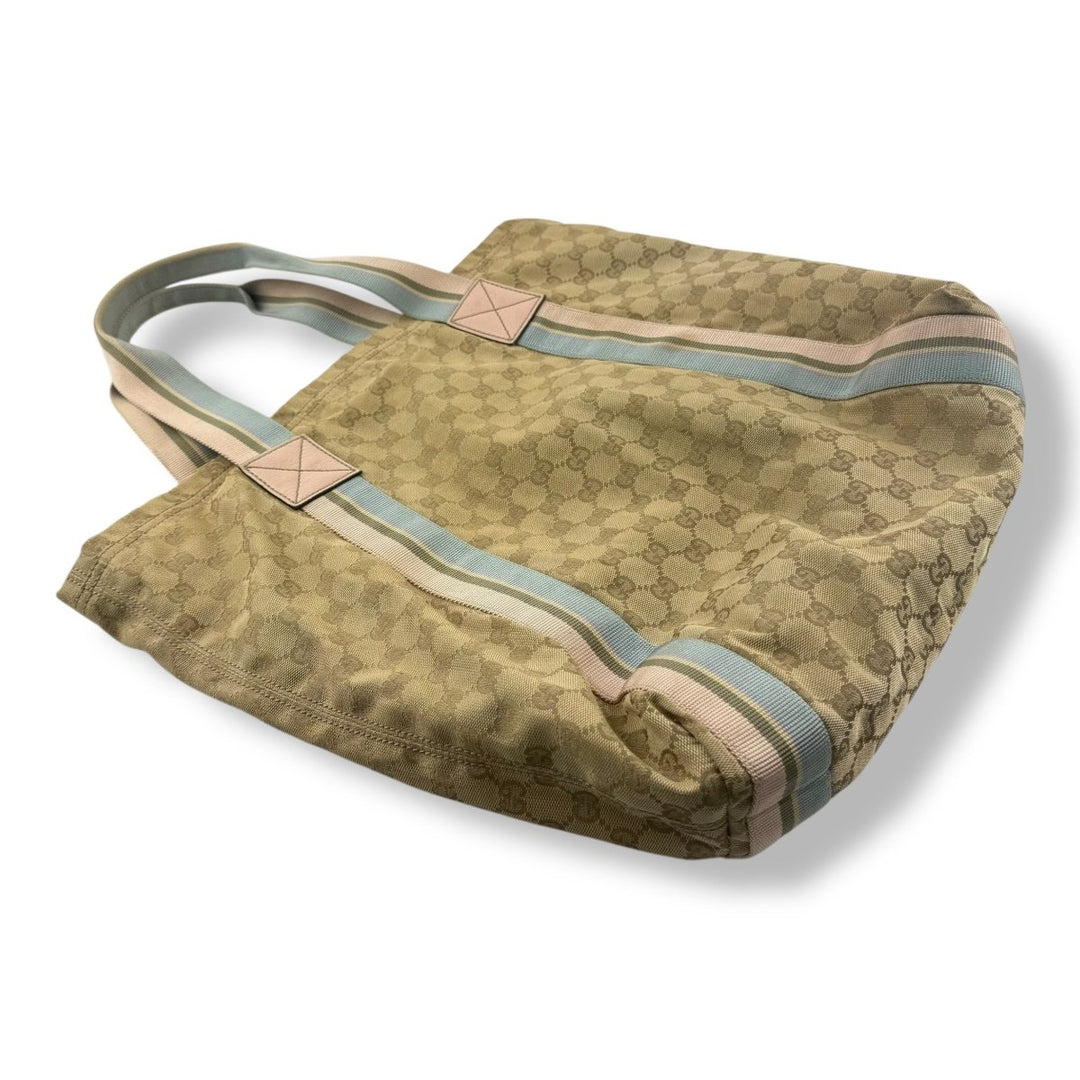 Gucci GG Canvas Monogram Web Tote Beige Blue Pink Sherry Line Web Handbag - Lux Central