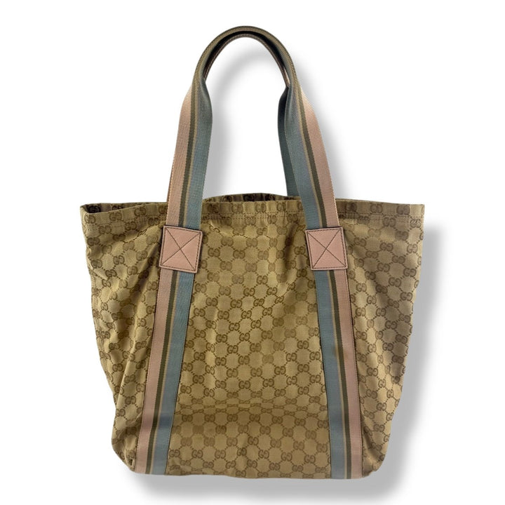 Gucci GG Canvas Monogram Web Tote Beige Blue Pink Sherry Line Web Handbag - Lux Central