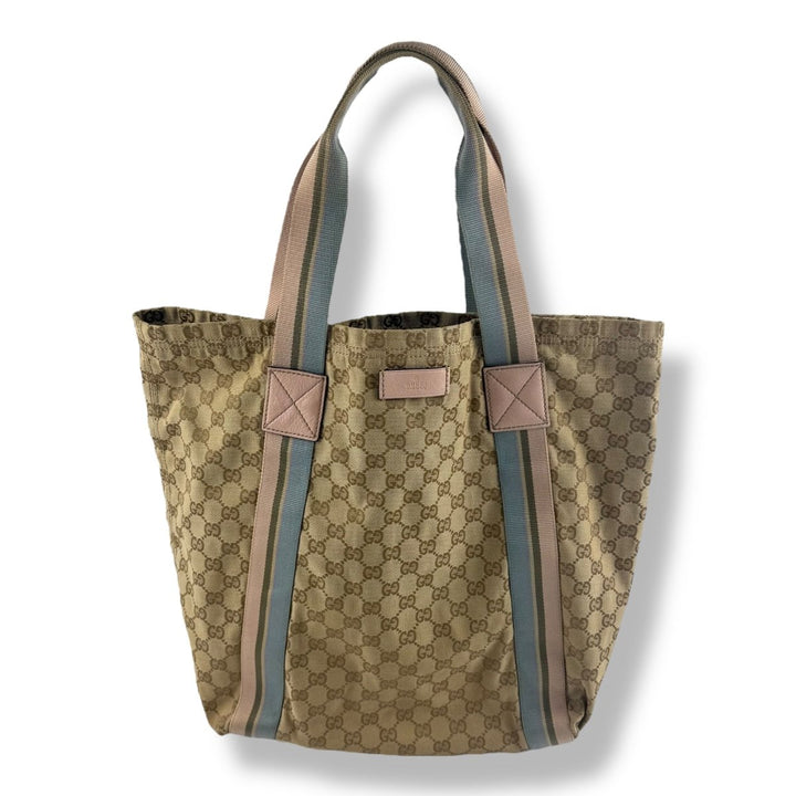 Gucci GG Canvas Monogram Web Tote Beige Blue Pink Sherry Line Web Handbag - Lux Central