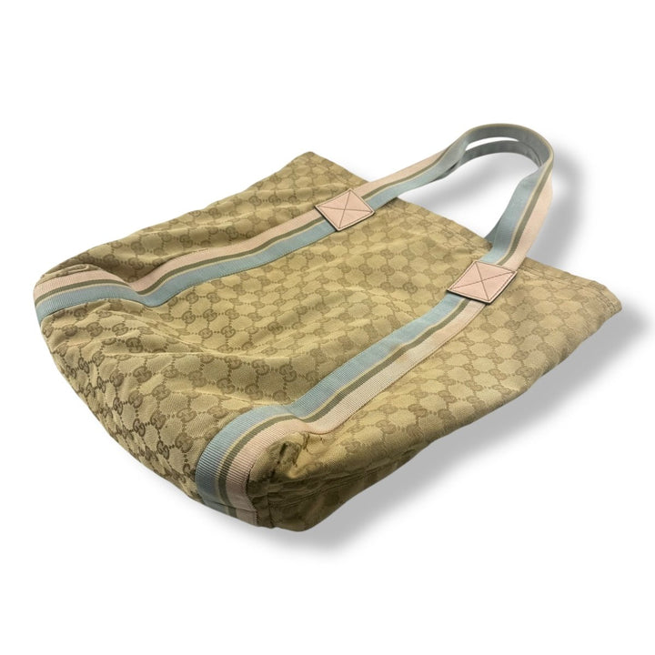 Gucci GG Canvas Monogram Web Tote Beige Blue Pink Sherry Line Web Handbag - Lux Central