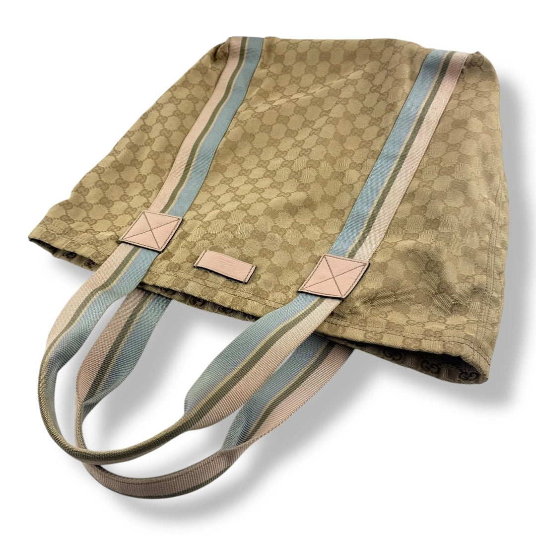Gucci GG Canvas Monogram Web Tote Beige Blue Pink Sherry Line Web Handbag - Lux Central