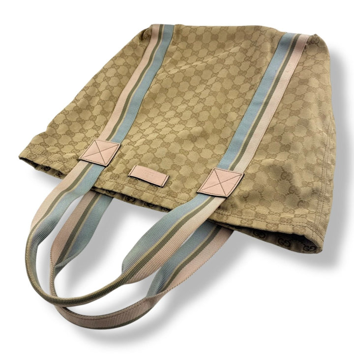 Gucci GG Canvas Monogram Web Tote Beige Blue Pink Sherry Line Web Handbag - Lux Central