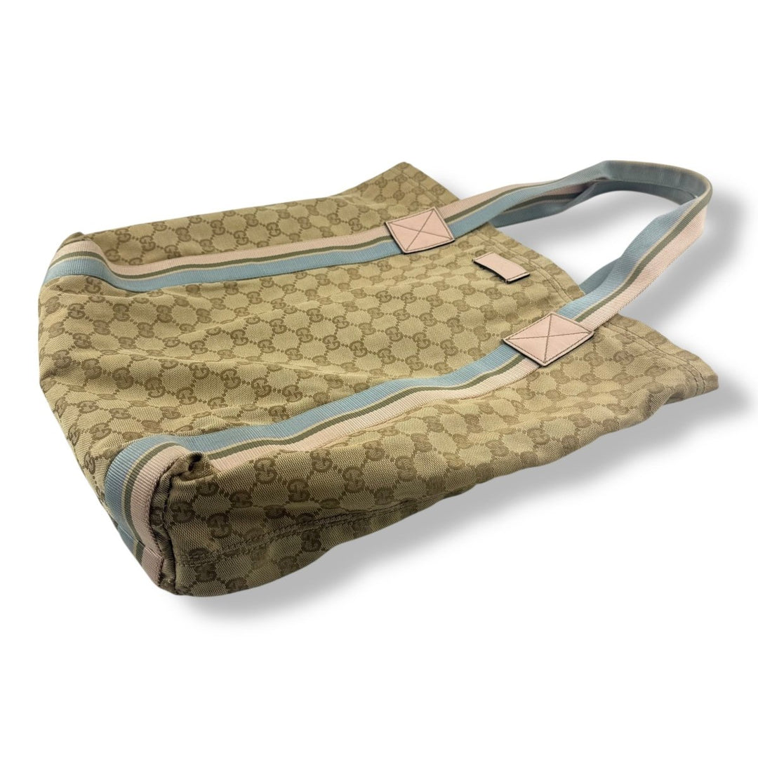 Gucci GG Canvas Monogram Web Tote Beige Blue Pink Sherry Line Web Handbag - Lux Central