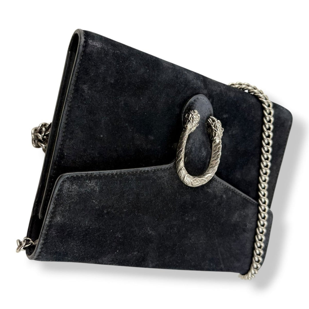 Gucci GG Dionysus Chain Wallet Black Suede Handbag - Lux Central
