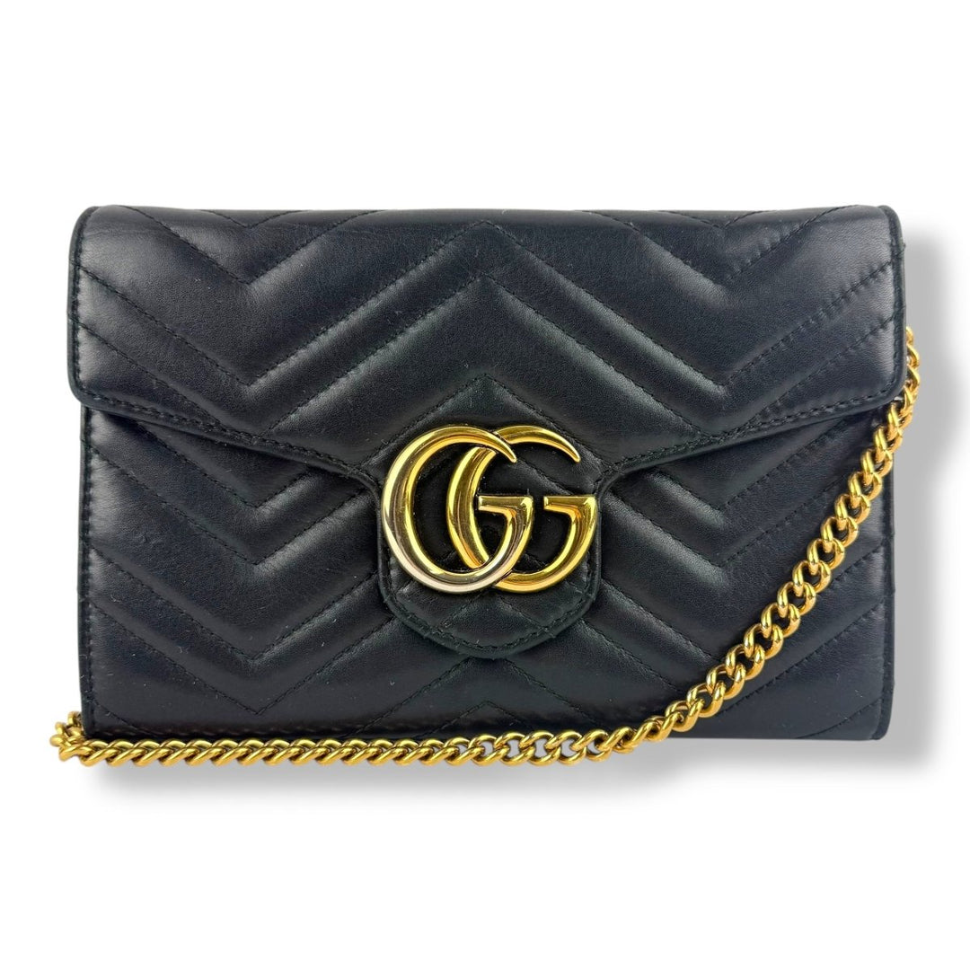 Gucci GG Marmont Chain Wallet Black Matelasse Leather Handbag - Lux Central