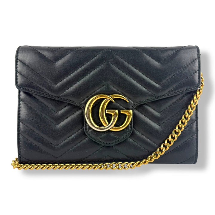 Gucci GG Marmont Chain Wallet Black Matelasse Leather Handbag - Lux Central