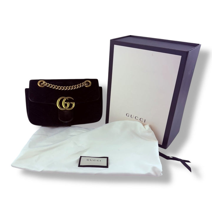 Gucci GG Marmont Flap Black Velvet Mini Handbag - Lux Central