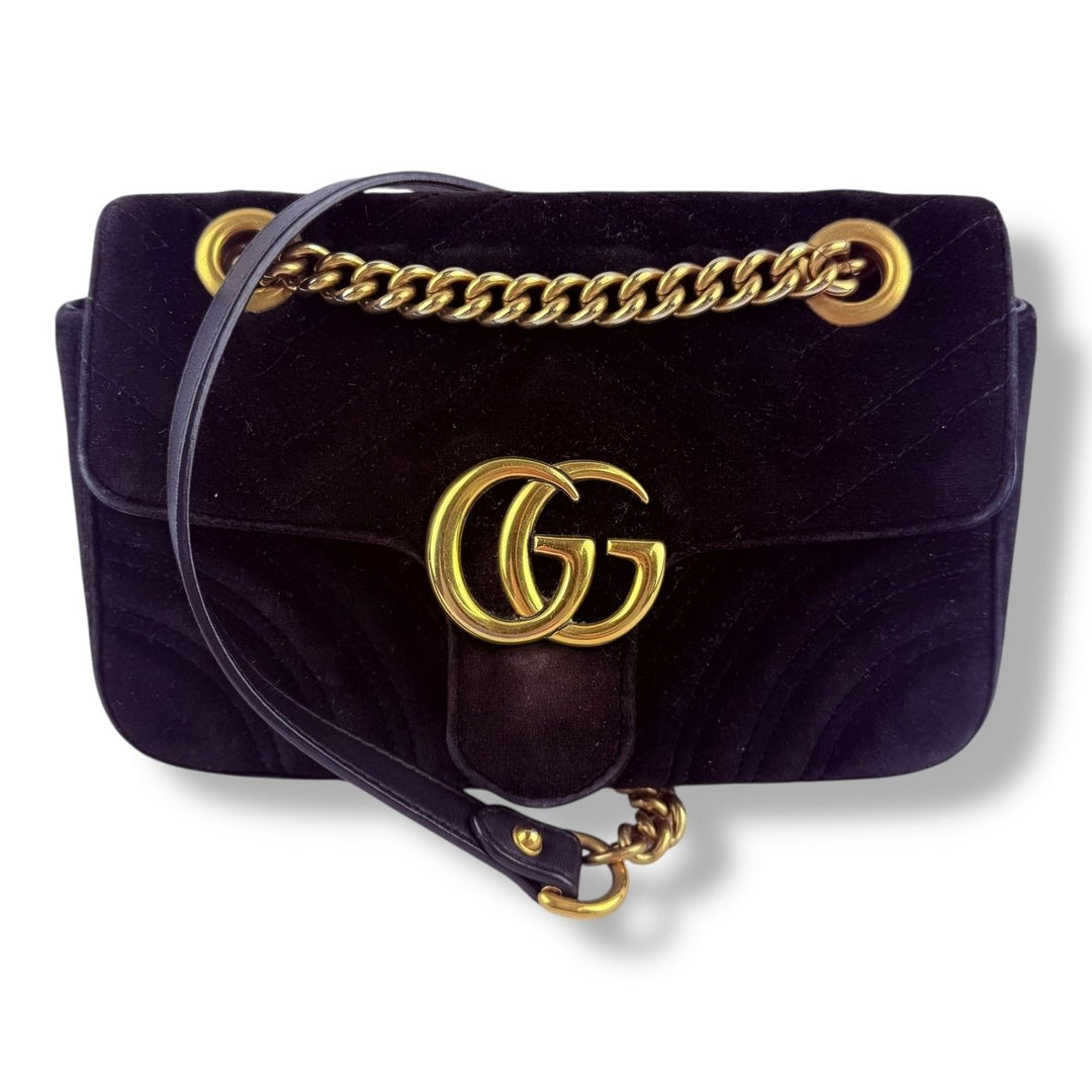 Gucci GG Marmont Flap Black Velvet Mini Handbag Lux Central