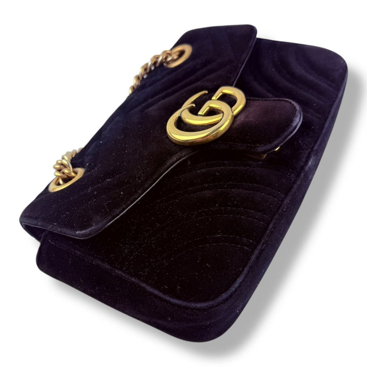 Gucci GG Marmont Flap Black Velvet Mini Handbag - Lux Central