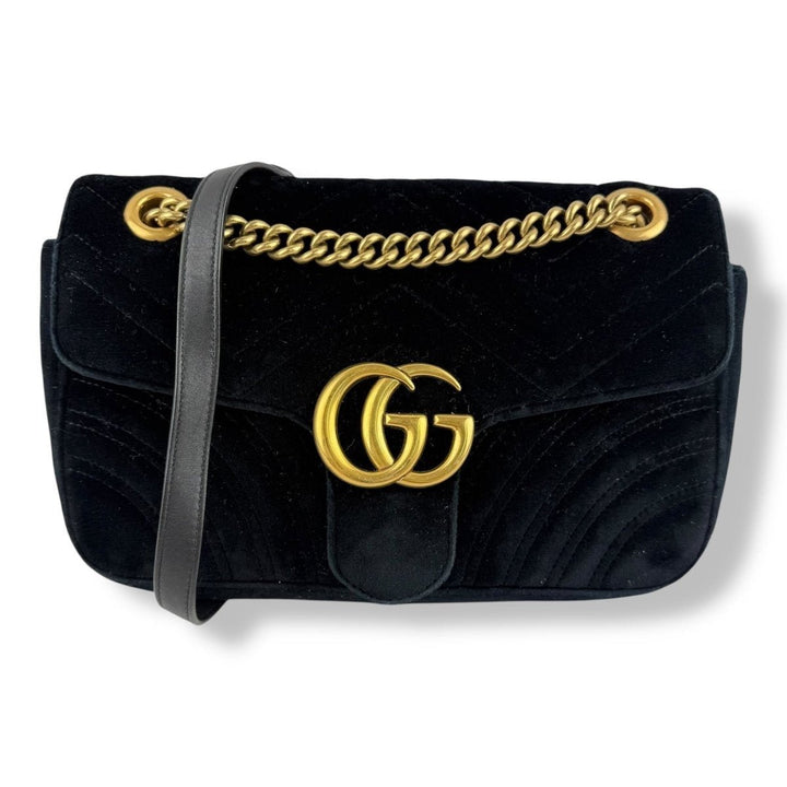 Gucci GG Marmont Flap Black Velvet Small Handbag - Lux Central