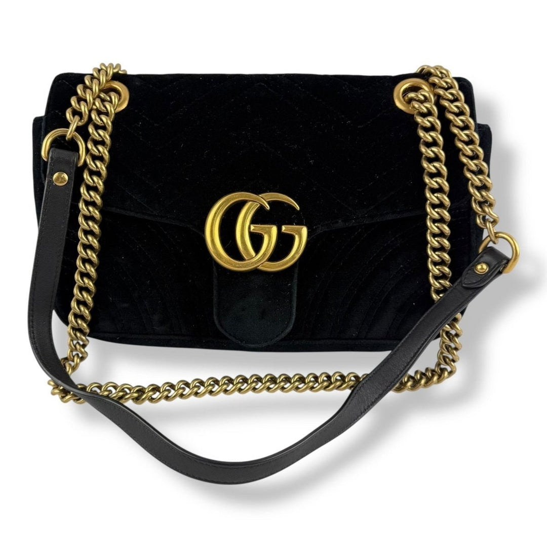 Gucci GG Marmont Flap Black Velvet Small Handbag - Lux Central
