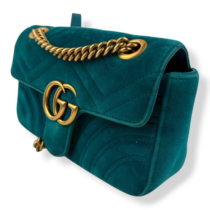 Gucci GG Marmont Flap Teal Velvet Mini Handbag - Lux Central