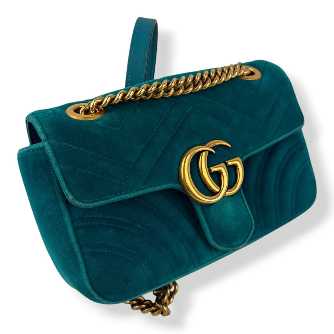 Gucci GG Marmont Flap Teal Velvet Mini Handbag - Lux Central